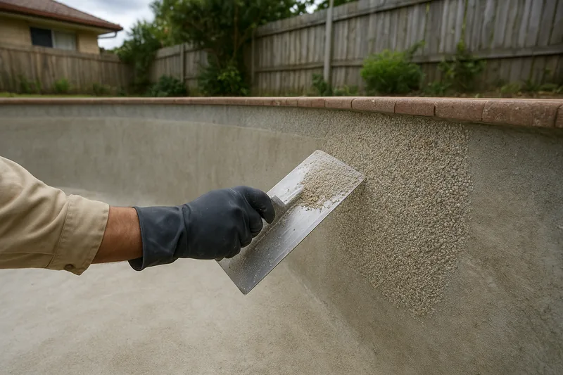 A gloved hand holding a steel trowel against the wall of an empty concrete pool, with a patch of pebble-finish coating applied beneath terracotta coping — concrete pool resurfacing, Sunshine Coast. Illustrative example.