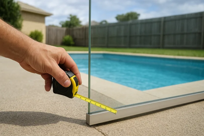 A hand holding a yellow retractable tape measure against the bottom rail of a glass pool fence, with a swimming pool and a grey fence behind — pool fence compliance check, Sunshine Coast. Illustrative example.