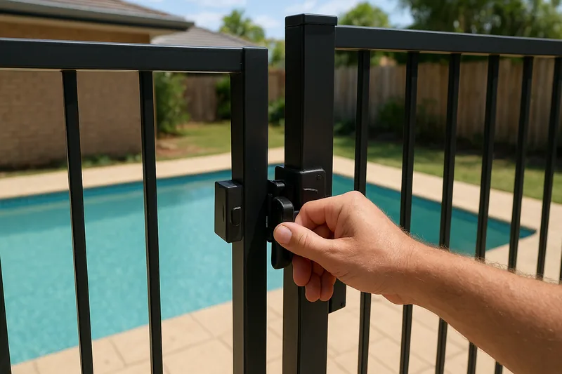 A hand on the black latch of a pool gate in an aluminium bar fence, with a swimming pool and a lawn visible through the bars — pool fence gate check, Sunshine Coast. Illustrative example.