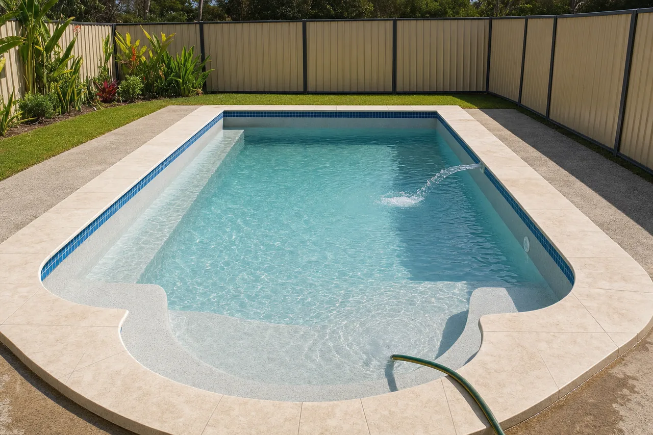 A concrete swimming pool refilling with clear water, a band of blue waterline tiles, pale coping pavers around the edge, a garden hose running into the shallow end and a tall metal fence behind — pool renovation, Sunshine Coast. Illustrative example.
