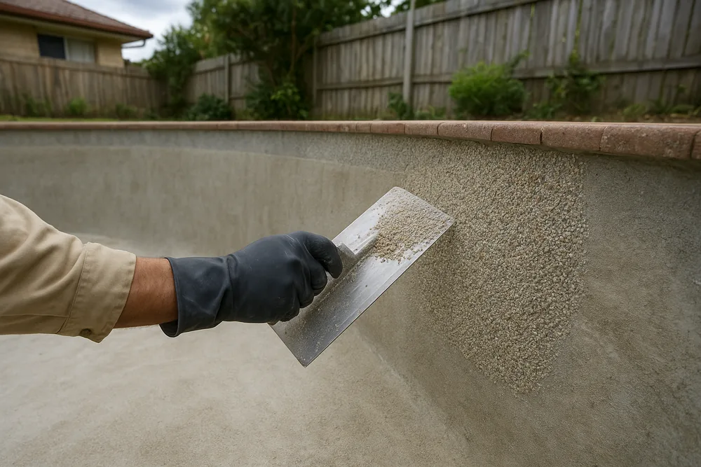 A gloved hand holding a steel trowel against the wall of an empty concrete pool, with a patch of pebble-finish coating applied beneath terracotta coping — concrete pool resurfacing, Sunshine Coast. Illustrative example.