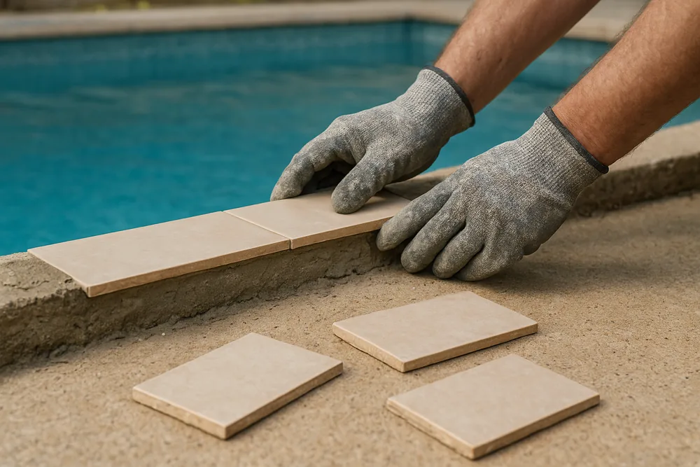 Two gloved hands pressing a ceramic tile onto the mortar bed at the edge of a pool, with three loose tiles on the paving in front and blue water behind — concrete pool tile and coping repair, Sunshine Coast. Illustrative example.