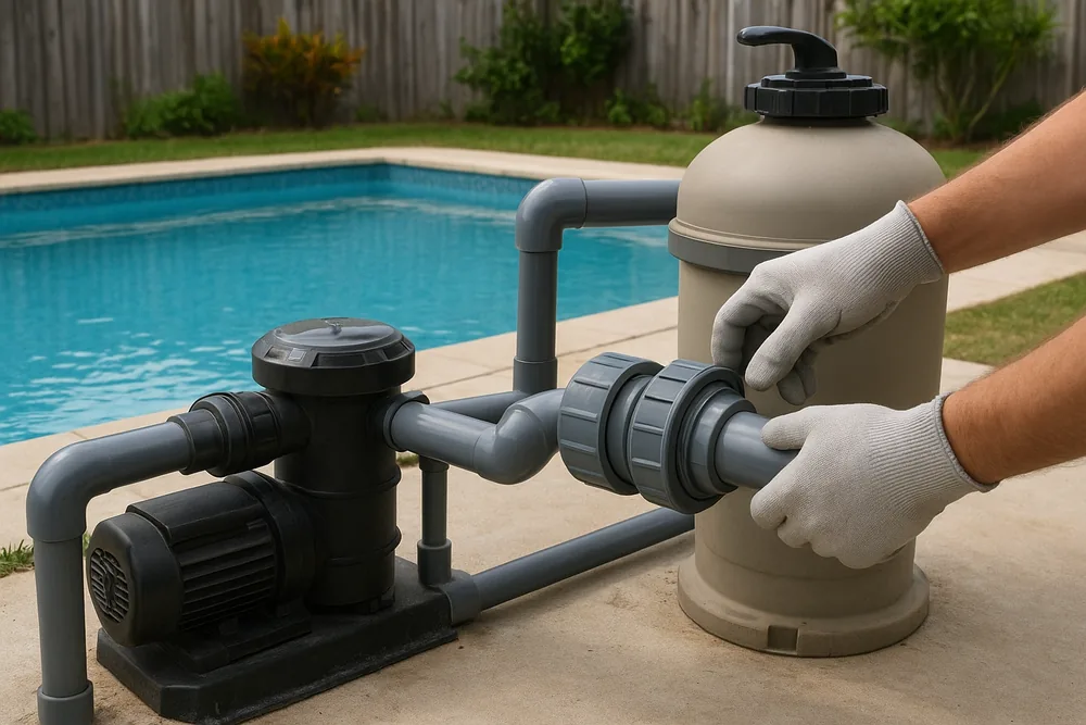 Gloved hands tightening a grey pipe union between a black pool pump and a beige cartridge filter on a concrete pad, with a pool and a timber fence behind — pool equipment upgrade, Sunshine Coast. Illustrative example.