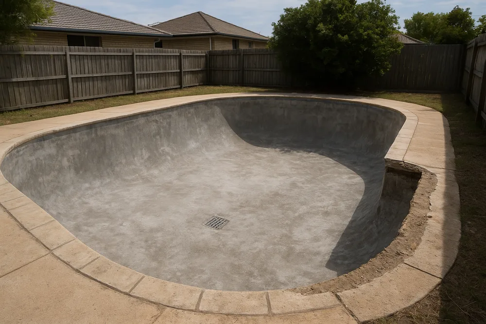 An empty, drained concrete swimming pool with a bare grey interior, a floor drain and a section of the coping removed at one corner, beside a timber paling fence — pool renovation, Sunshine Coast. Illustrative example.