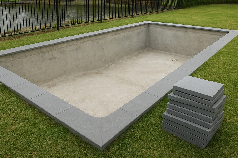A drained concrete swimming pool shell with new grey coping stones around its edge and a stack of spare coping beside it, a black pool fence and still water beyond the lawn — pool renovation, Sunshine Coast. Illustrative example.