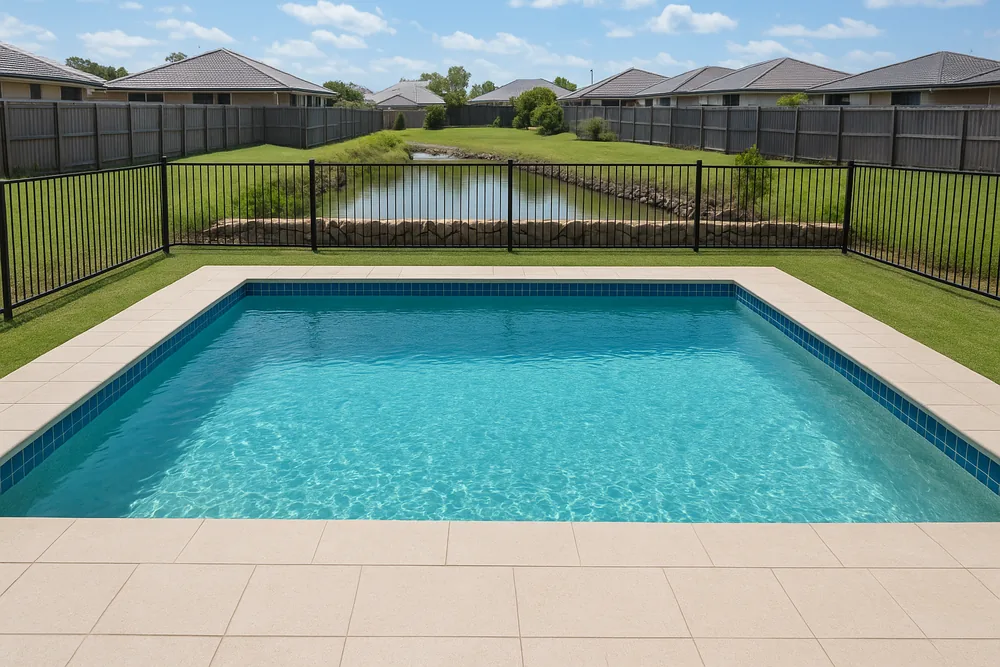 A finished swimming pool with a blue tiled waterline and a pale paved surround, a black pool fence, a stacked-rock wall, a narrow strip of water and the back fences of neighbouring houses beyond — pool renovation, Sunshine Coast. Illustrative example.