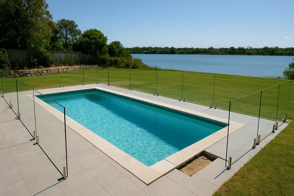 A swimming pool with a glass pool fence and a paved surround, one corner of the coping removed down to bare earth, and a lawn running to a wide stretch of open water — pool renovation, Sunshine Coast. Illustrative example.