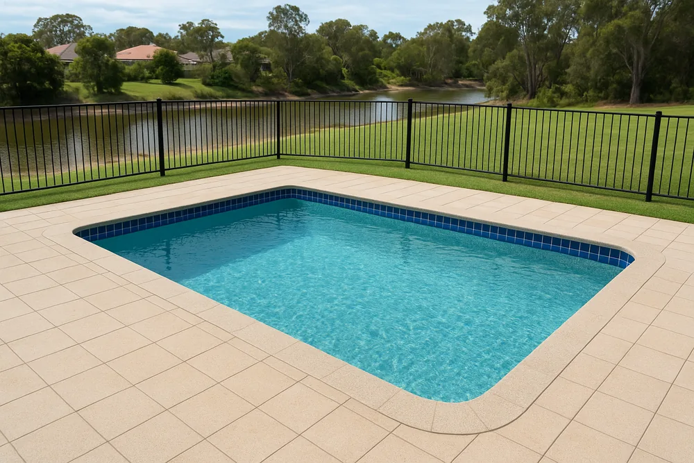 A swimming pool with a blue tiled waterline in a pale paved surround, a black pool fence and a lawn sloping to a sandy-edged stretch of water with trees beyond — pool renovation, Sunshine Coast. Illustrative example.