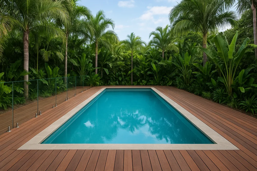 A swimming pool set in a timber deck with a glass pool fence along one side and tall palms and broad-leaf plants around it — pool renovation, Sunshine Coast. Illustrative example.
